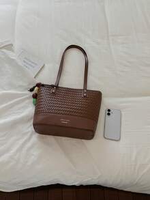 Woven Texture Versatile Shoulder Bag Women's 2026 Artistic Tote Bag Fashion Commute Handbag With Pendant - Coffee - View 8