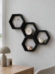 1/3pcs Black Hexagon Floating Wall Shelves Mini Wall-Mounted Display Rack, Living Room/Bedroom Wall Storage Decoration, Black Geometric Wall Shelf, Small Green Plants & Perfume Display Storage Rack - Black - View 2