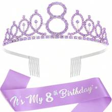 2件套生日绶带、生日皇冠、公主数字皇冠、女王头饰、水钻生日发箍、胸针生日绶带、生日快乐皇冠和丝带绶带，适合生日派对舞会装饰、圣诞节 - 淡紫色 - 查看 13