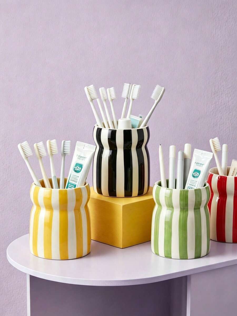 條紋牙刷架 多功能浴室檯面收納杯 裝飾性梳妝台收納桶 適用於牙膏、化妝刷 - 束腰條紋 - 查看 1