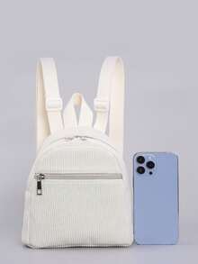 1pc Mini Cute Solid Color Corduroy Backpack, Suitable For Girls, Travel, Vacation, Holiday Gift - 米色 - 查看 3