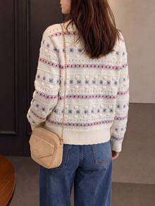 Women's New Vintage Knit Cardigan, Round Neck Long Sleeve Button Sweater, Elegant Short Winter Knitwear - White - View 2