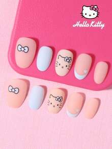 Sanrio Hello Kitty 24pcs Y2K Short Oval 3d Matte Blue French Press On Nails With Hello Kitty, Heart And Bow Pattern Design,Perfect Fit Acrylic False Nails Set, Including 1 Jelly Gule And 1 Nail File, Hello Kitty Nails For Girls Daily Party Use - Multicolor - View 2
