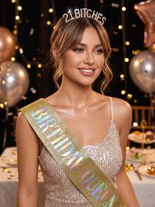 21st Birthday Queen Sash & Rhinestone Crown Set, Glitter Letter Headband Crown, Party Decoration Accessories, Women's Photo Props - Gold - View 13