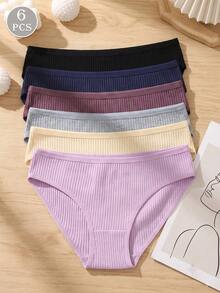 6pcs Solid Color Ribbed Cotton Women's Triangle Panties, Bodycon Casual Comfortable Underwear - Multicolor - View 1