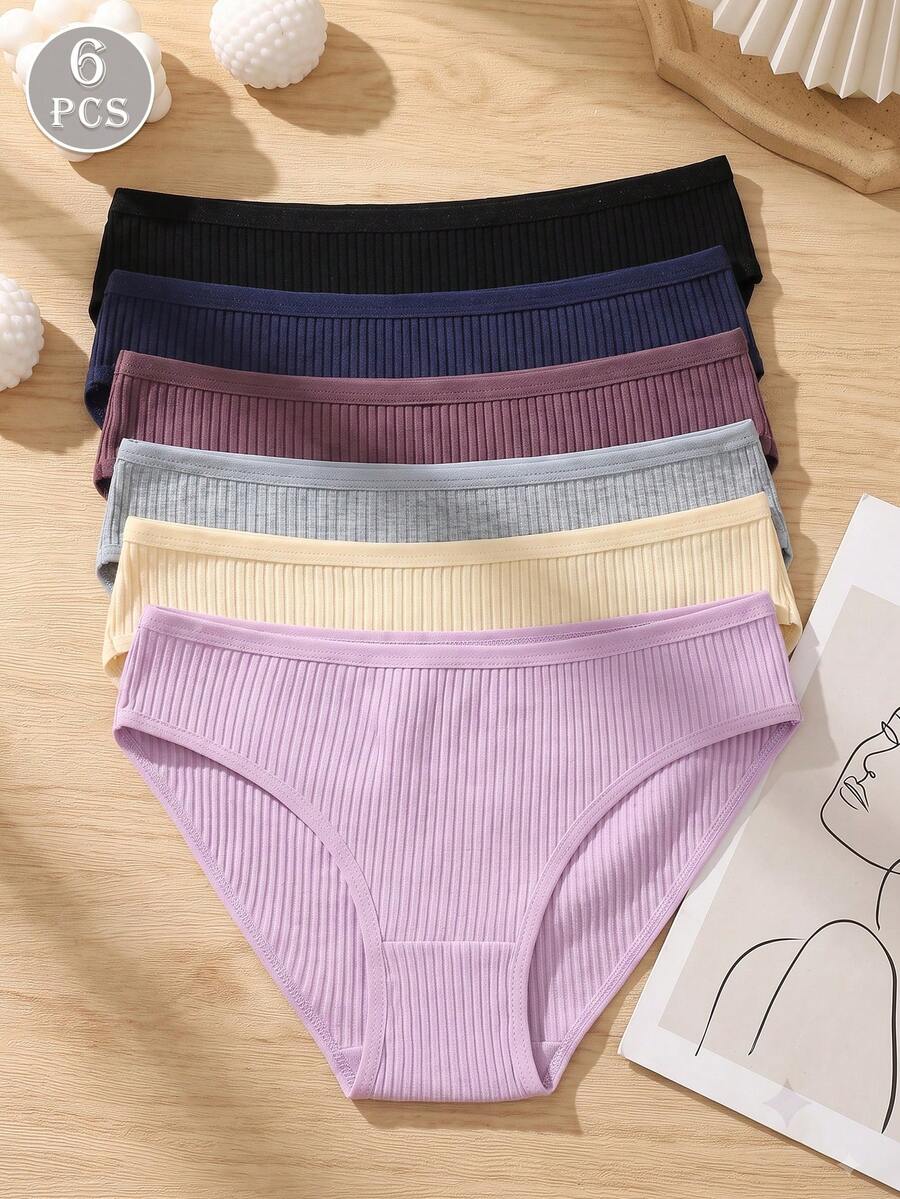 6pcs Solid Color Ribbed Cotton Women's Triangle Panties, Bodycon Casual Comfortable Underwear - Multicolor - View 1