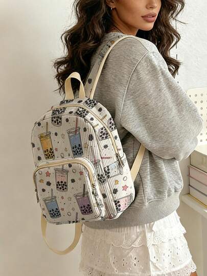 1PC Backpack, Women's Mini Backpack, Corduroy Girl Schoolbag, Travel Storage Bag, All‑Over Print Design, Large‑Capacity Foldable Easy‑To‑Store Bag, Lightweight & Pressure‑Relieving, Multi‑Pocket Layered Design With Zipper Closure