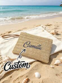 1pc Personalized Straw Handbag, Customized Bohemian Style Zipper Storage Bag With Wrist Strap And Zipper, Bridesmaid Makeup Bag, Summer Beach Vacation Clutch - Multicolor - View 8