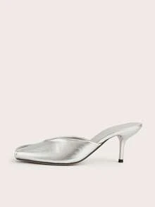 Women's Deep V-Neck Open Toe Mule Shoes, Elegant And Comfortable For Vacation, Party And Daily Wear, Solid Color Slip-On High Heel Sandals - Silver - View 2
