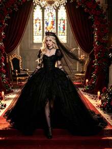 2pcs/Set Gothic Style Black Crown & Veil Wedding Accessory Set, Black Queen Vintage Style, Suitable For Halloween Gothic Costume, Can Be Used As Black Wedding Dress Photography Accessory - Multicolor - View 6