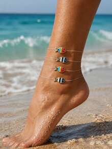 6pcs Minimalist Casual Fun Colorful Small Fish Transparent Fishing Line Anklets For Women, Daily Beach Vacation Matching - Multicolor - View 6