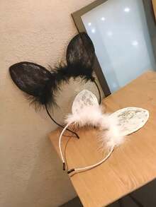 2pcs Dress Up Headbands, Cute Plush Rabbit Ear Design Hair Accessories, Black And White Lace Headbands, Suitable For Women's Daily Wear - Multicolor - View 3