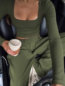 Women's Solid Color Square Neck Long Sleeve Cropped Top, Elastic Slim Fit Tight Knit, Basic T-Shirt For Outings - Green - View 4