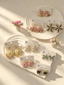 2/4/6/8 Pairs Abstract Curve Pearl Butterfly Earrings Set, French Vintage Gold Stainless Steel Enamel Dangle, Daily Date, Valentine Mother Gift - Gold - View 3