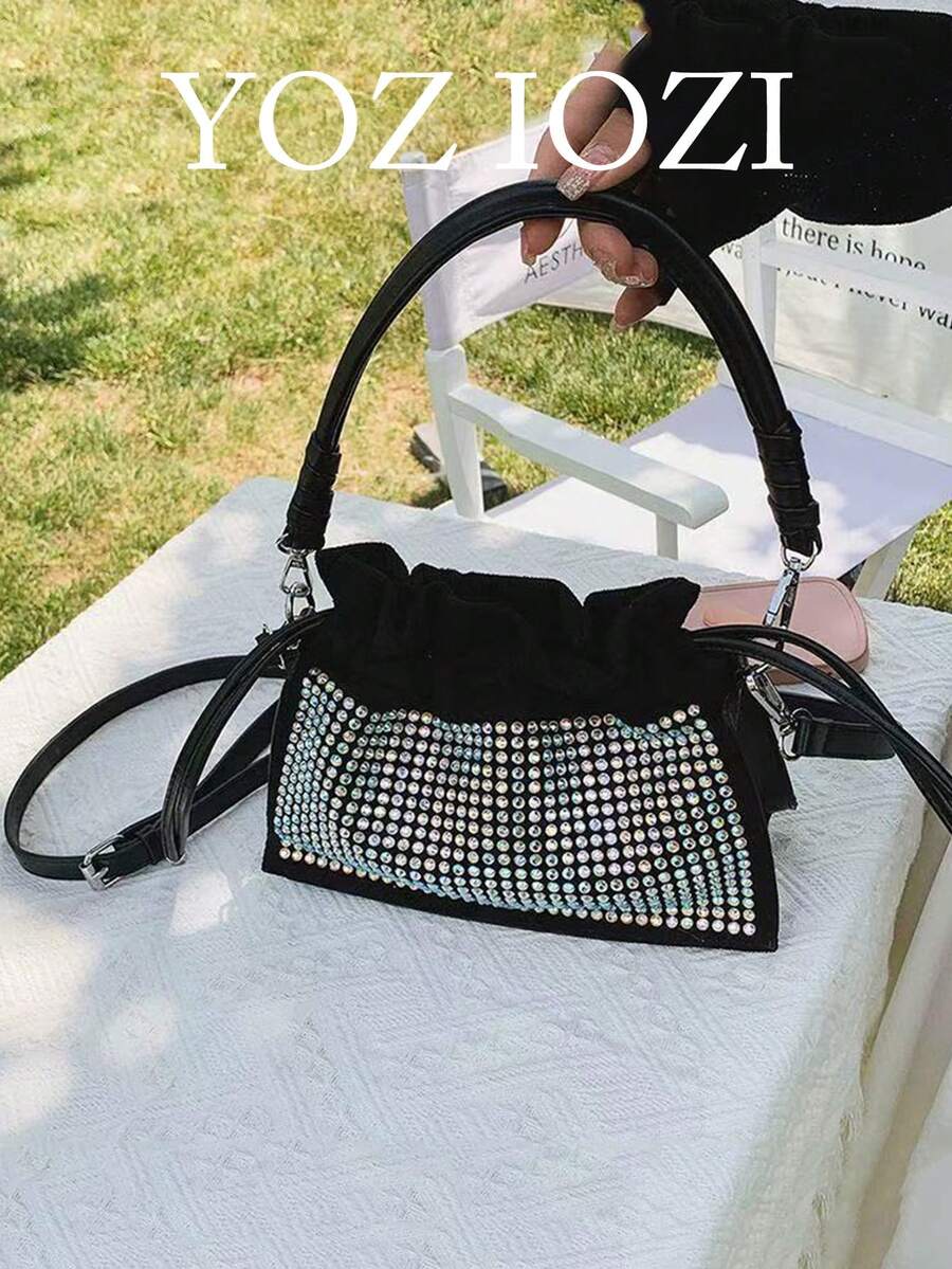 Japanese & Korean Style Niche Design Ins Diamond Shoulder Bag Crossbody Versatile Fashion Handbag Drawstring Fully Rhinestone Commute Outing Daily Shopping Women's Shoulder Bag - Black - View 1