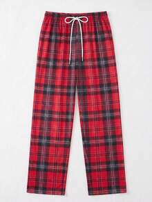 SU ER Men's Summer Casual Elastic Waist Drawstring Loose Drapey Lazy Wide Leg Plaid Curved Hem Long Pants - Red - View 5