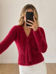Tie Cutout V Neck Fuzzy Cropped Slim Knit Sweater - Red - View 3