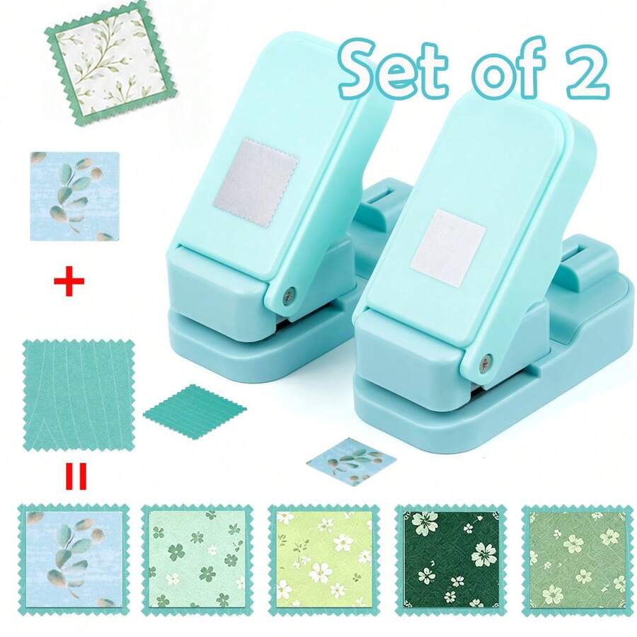 2pcs/Set (1pc Serrated Edge Square Punch + 1pc Solid Square Punch) Layered Serrated Edge Square Paper Punch, Suitable For Junk Journal And Scrapbooking, Stamp Style Nested Craft Punch, With Precise Alignment Hollow Design, Suitable For Card Making - Green
