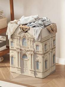 1PC Storage Basket, Laundry Hamper, Laundry Basket, Storage Bucket, House Print Design, Storage Basket With Wooden Handle, Foldable Multi‑Purpose Storage Bin, For Daily Clothes Organization - Multicolor - View 2
