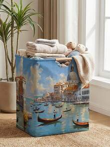 1PC Storage Basket, Laundry Hamper, Laundry Basket, Storage Bucket, House Print Design, Storage Basket With Wooden Handle, Foldable Multi‑Purpose Storage Bin, For Daily Clothes Organization - Multicolor - View 11