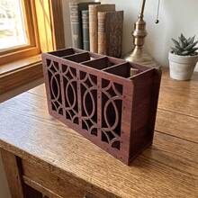 1pc 4-Compartment Wooden Hollow Floral Pattern Double-Sided Wood Grain Theme Remote Control Box, Pen Holder And Other Items Desktop Storage Box. Suitable For Kitchen And Home Decor Large Storage Space. Harvest Gift, Small Gift For Colleagues, Holiday Gift - Redwood - View 2