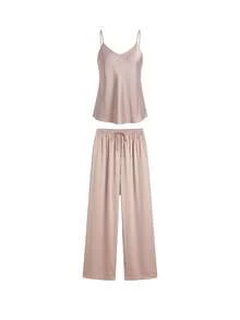 Ocili Leisure Silky Satin Comfortable Loose Long Sleeve Lapel Front Button Women's Pajama Top/Bottoms - Champagne - View 19