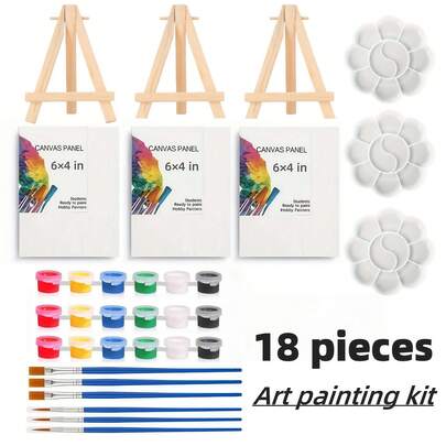 18 Pcs Of 6*4 Inch Art Painting Kit,Acrylic Paint Kit With Easel, Brush, Paint Strips And Palette, Portable Pigment Set, Mini Easel And Canvas Set, Ideal Gift For Handmade Art And Crafts, Valentine's Day, Thanksgiving, Christmas