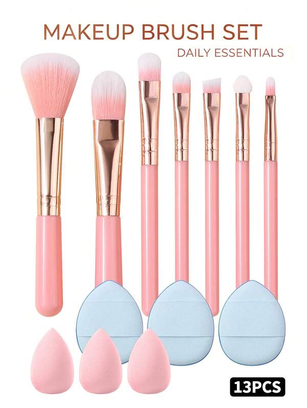 13Pcs Pink Makeup Brush Set With Makeup Sponges & Finger Powder Puffs, Multi‑Purpose Cosmetic Tools For Foundation Blush Eyeshadow, Complete Makeup Kit For Daily Beginner Use