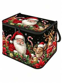 Santa Claus Storage Box With Lid, Large Capacity Foldable Fabric Organizer Bin, Zipper And Handle, Black Holiday Print Storage Box, Suitable For Christmas Decoration, Blankets, Clothes, Closet And Bedroom - Multicolor - View 2