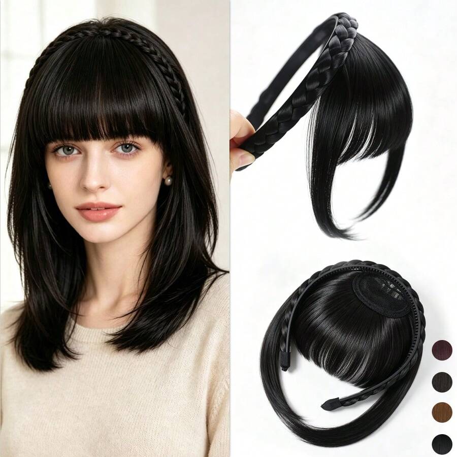 Braided Headband With Bangs, Synthetic Fiber Invisible Bangs Hair Extensions, 3-Strand Braided Headband Wig, Covers Large Forehead, Heat-Resistant Women's Hair Accessory
