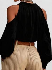 Plus Size Women's Cold Shoulder Blouse, Button Front, Long Sleeve, Regular Fit Black Shirt Top - Black - View 2