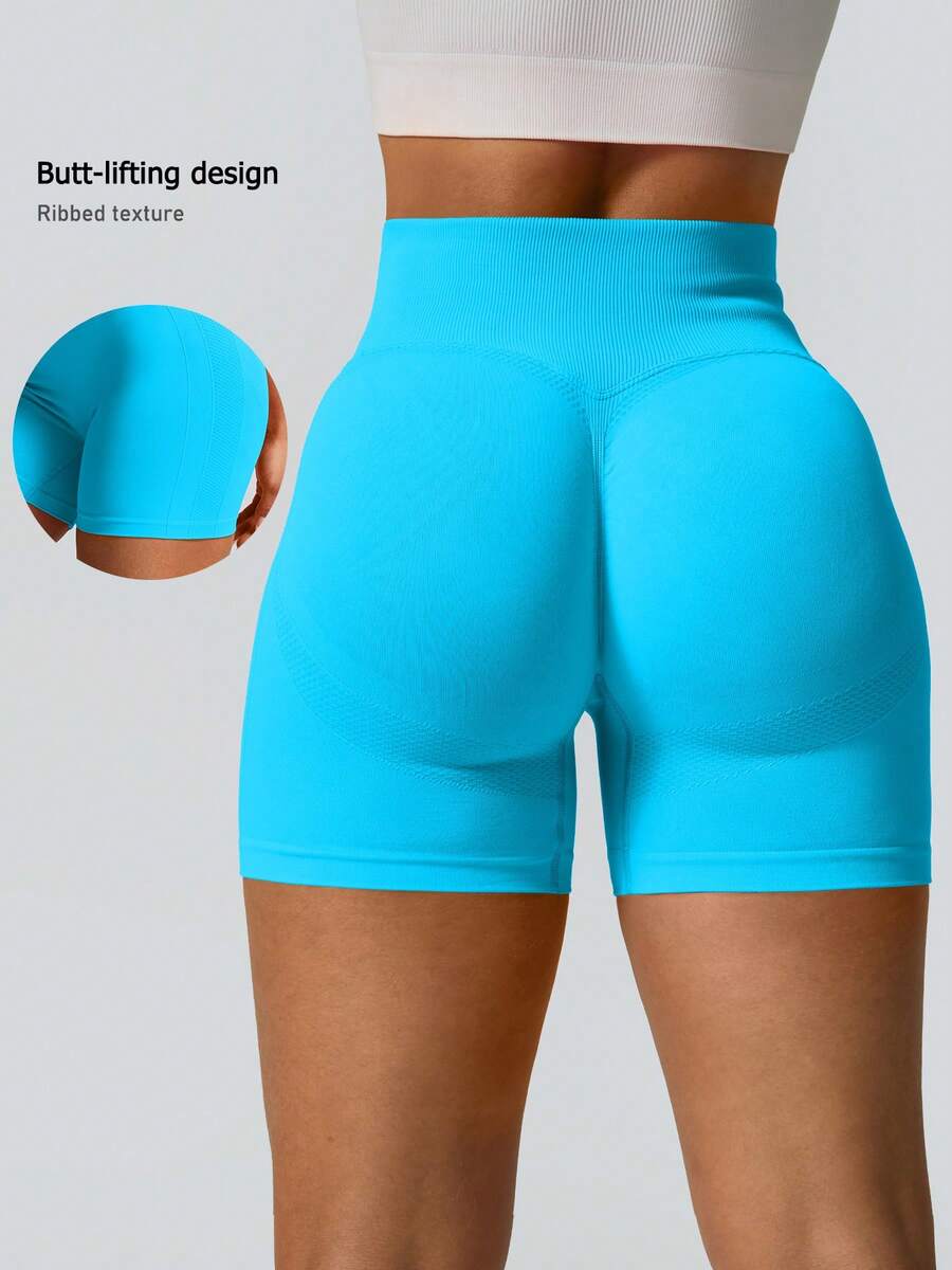 NcmRyu 1pc Women's Ribbed High Waist Butt-Lifting Soft Comfortable Gym Shorts - Sky Blue - View 1