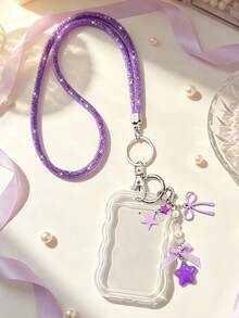 Wavy Lace Transparent Acrylic Card Holder, Shiny Rhinestone Lanyard, Y2K Style, Ins Sweet Pendant Exquisite Bow Heart Resin Pink Star Bag Charm, Card Holder Accessories, Work ID Neck Lanyard, DIY Small Card Storage Case, Fits Idol Photos, Custom Printed Cards, School ID, Access Cards, ID Cards, Work Pass And Metro Access Cards, Student, Fan Gift, Key Chain, Backpack Charm, Back To School Essential (Card Paper Not Included) - Multicolor - View 2