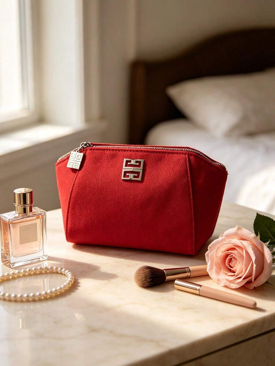 Givenchy Parfums Red 4G Logo Cosmetic Pouch Portable Travel Zipper Makeup Storage Bag - Rose Red - View 1