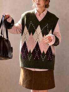 Women's New Autumn Casual Vintage Argyle Pattern V-Neck Pullover Vest - Dark Green - View 4