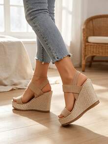 Sandalias de cuña para mujer, sandalias de playa. Color caqui, estilo francés suave de verano, aptas para uso casual, trabajo o para llevar durante vacaciones o viajes. - Caqui - Ver 5