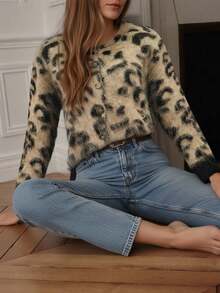 Women's Plush Leopard Print Cardigan, Autumn Long Sleeve Knit Button Sweater - Multicolor - View 2