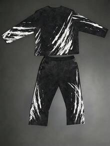 Plus Size Men's 2 Pieces Set, Men's Wide Leg Pants, Long Sleeve Graphic T-Shirt, Streetwear "Tiger Head Brushstroke Flame Print" Pattern Outfit - Polyester Fabric, Drawstring, Pockets, Suitable For Plus Size - Black - View 3