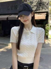 夏季新款女士独特精美 Polo 领针织短袖打底衫 白色 - 白色 - 查看 1