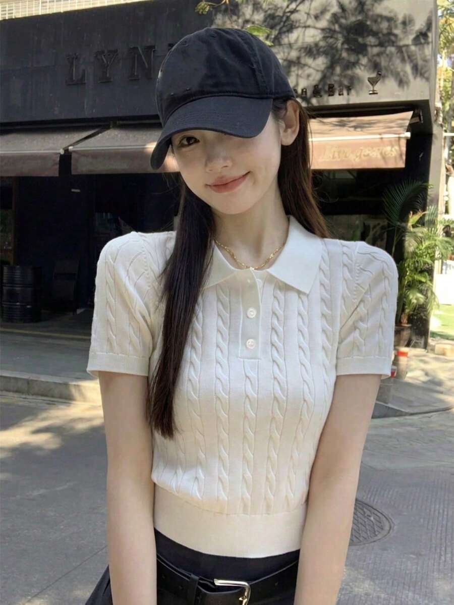 夏季新款女士独特精美 Polo 领针织短袖打底衫 白色 - 白色 - 查看 1