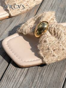 WRCVS Women's Summer Flat Khaki Square Toe Woven Strap Pearl Decor Sandals, Sexy Party Beach Slides, Bohemian Style Vacation Slippers - Khaki - View 7