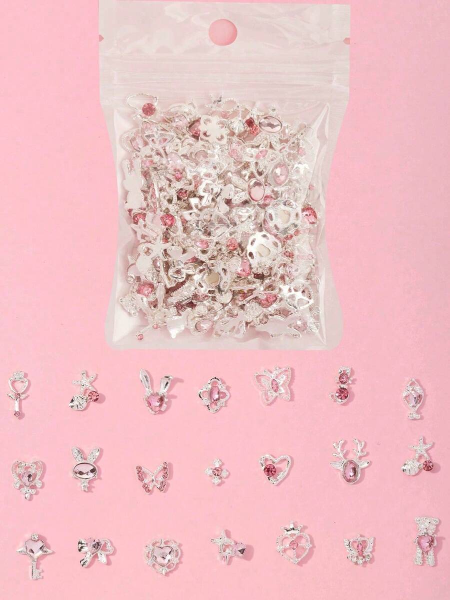 30件隨機豪華金屬亮面混款美甲水鑽裝飾套組,合金材質,含花朵、蝴蝶、愛心與星星等多種設計圖案,閃亮美甲寶石,適合DIY美甲、美甲飾品配件,璀璨水鑽 - 西瓜粉 - 查看 1