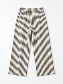 Men's Japanese Style Apricot Vertical Striped Wide Leg Pants, Drawstring Drape Straight Leg Casual Long Pants - Apricot - View 5