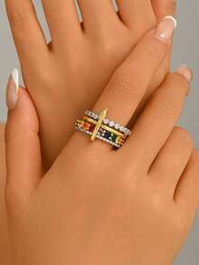 1pc European And American Luxury Style Colorful Zirconia Inlaid Cross Stacked Design Fashion Personalized Ring For Women, Wedding, Party, Vacation, Gift Accessory - Multicolor - View 1