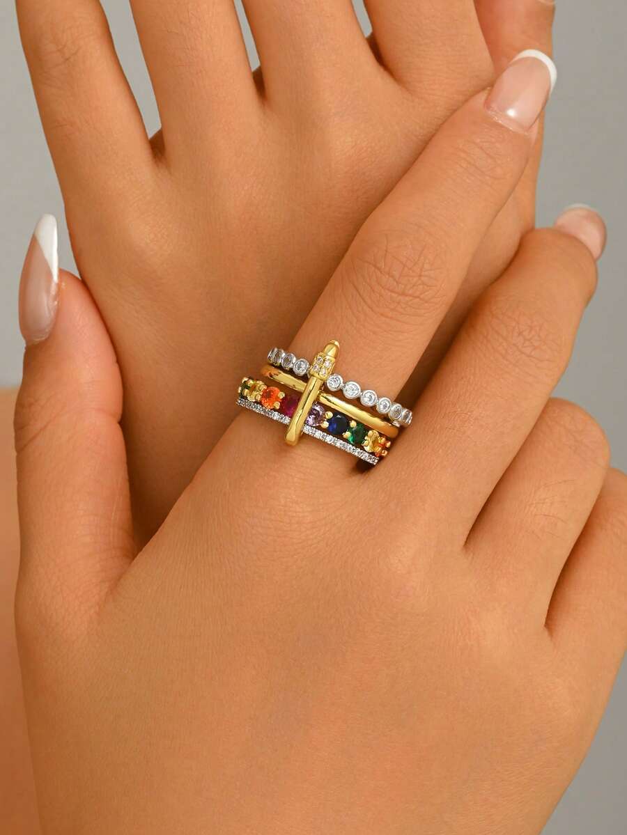 1pc European And American Luxury Style Colorful Zirconia Inlaid Cross Stacked Design Fashion Personalized Ring For Women, Wedding, Party, Vacation, Gift Accessory - Multicolor - View 1