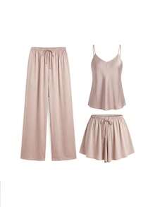Ocili Leisure Silky Satin Comfortable Loose Long Sleeve Lapel Front Button Women's Pajama Top/Bottoms - Champagne - View 31