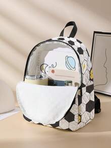 1pc Football Texture Pattern Diamond Quilted Kids Backpack, Lightweight Large‑Capacity Zipper Closure Children Rucksack For School Travel Outdoor - Multicolor - View 3