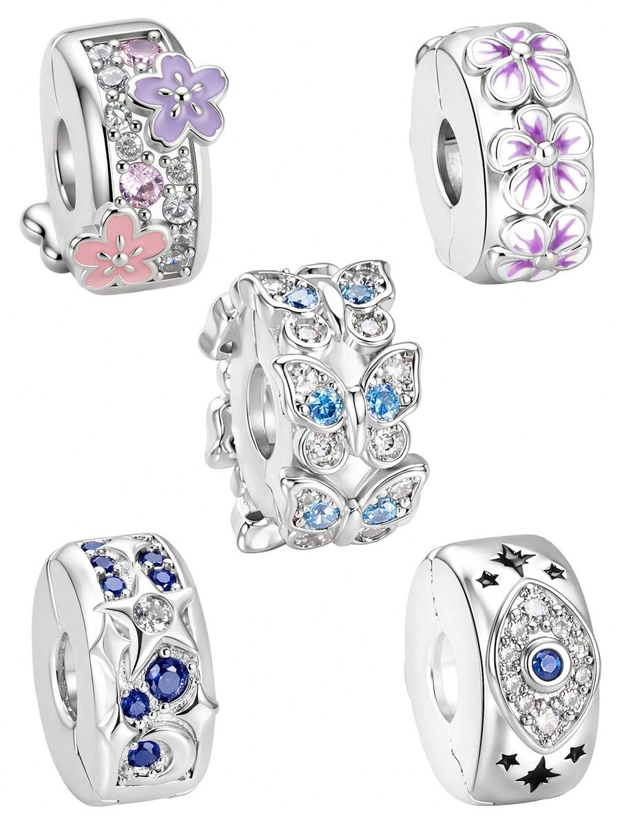1pc Fashion Charming Minimalist Niche Design Positioning Buckle Series Petal, Butterfly, Star Moon, Demon Eye Bead Charm Creative Daily Versatile DIY Bracelet Necklace Gift - Silver - View 1