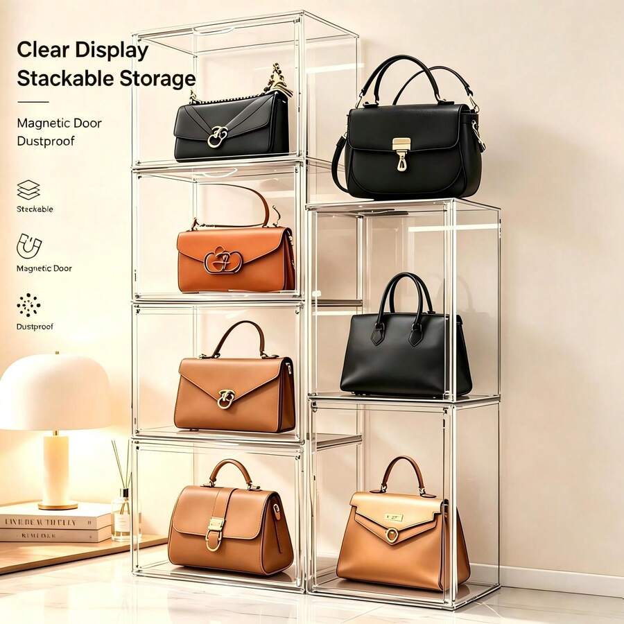 Lifevilion Clear Display Box Organizer Stackable With Magnetic Door Large Capacity Storage Box Purse Showcase For Makeup Book Collectibles