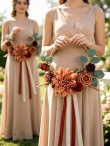 Floral Hoop Wreath Bouquet In Sunset Terracotta,Artificial Flower Wreath For Bridesmaids,Bridal Shower, Ceremony, Anniversary,Rustic Wedding - Multicolor - View 2